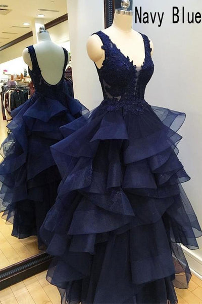 Navy Blue V Neck Prom Dresses Backless Tulle Evening Dresses For Women Online
