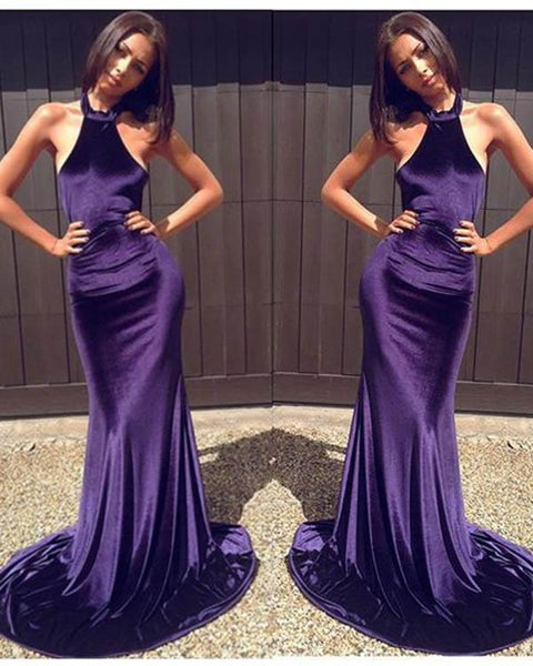 Mermaid Purple Sheath Prom Dresses Halter Backless Evening Dresses