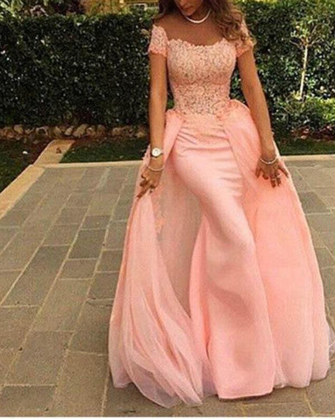 Pink Off The Shoulder Prom Dresses Tulle Lace Evening Dresses For Women Sale