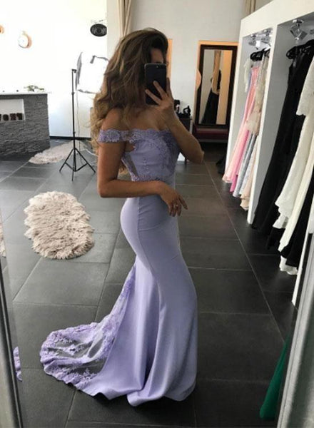 Mermaid Lace Prom Dresses Off the Shoulder Sheath Purple Evening Dresses