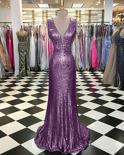 Light Purple Deep V Neck Prom Dresses Sequins Mermaid Glitter Evening Dresses Sale