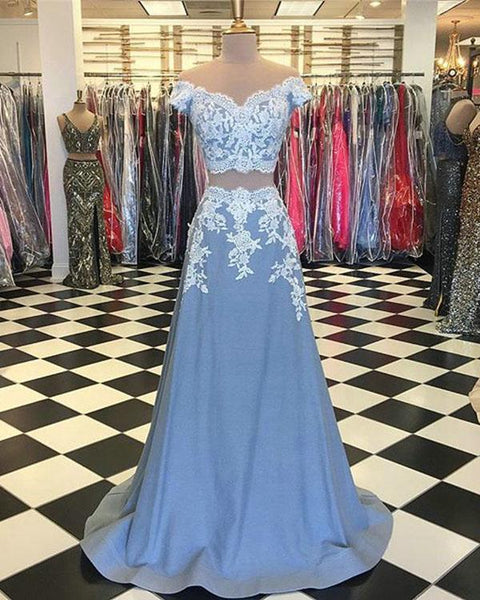 Light Blue Two Piece Lace Appliques Prom Dresses With Cap Sleeve Evening Dresses