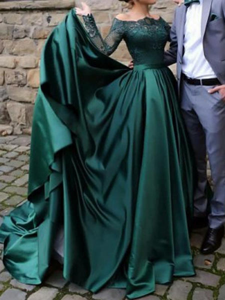Affordable Dark Green Prom Dresses Off the Shoulder Long Sleeves Satin Lace Evening Dresses