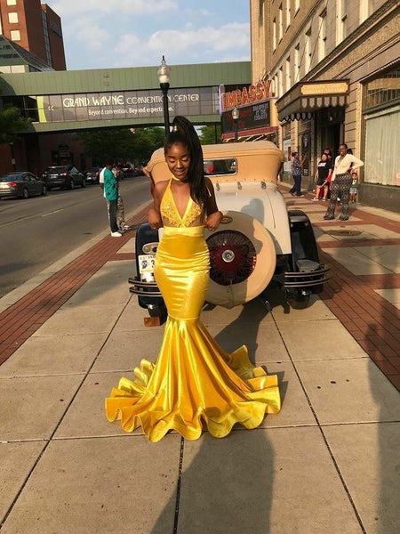 Mermaid Yellow V Neck Bodycon Prom Dresses Evening Dresses With Appliques