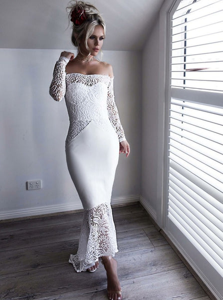 Off the Shoulder Mermaid Long Sleeves White Prom Dresses Lace Evening Dresses