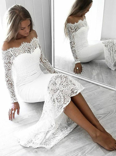 Long Sleeves Off the Shoulder Prom Dresses with Lace White Sheath Evening Dresses