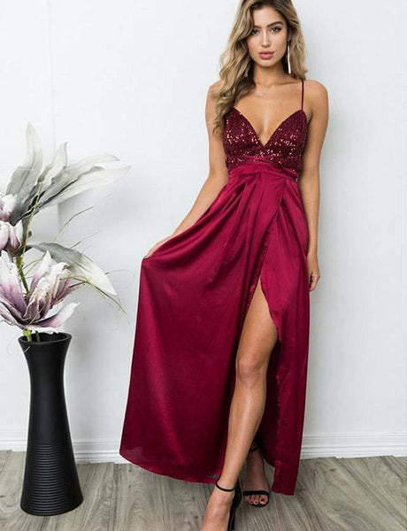 Burgundy Spaghetti Straps Prom Dresses Long Slit Backless Evening Dresses With Sequins