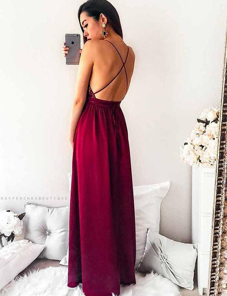 Burgundy Spaghetti Straps Prom Dresses Long Slit Backless Evening Dresses With Sequins