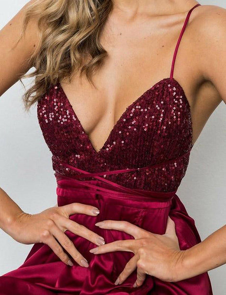 Burgundy Spaghetti Straps Prom Dresses Long Slit Backless Evening Dresses With Sequins