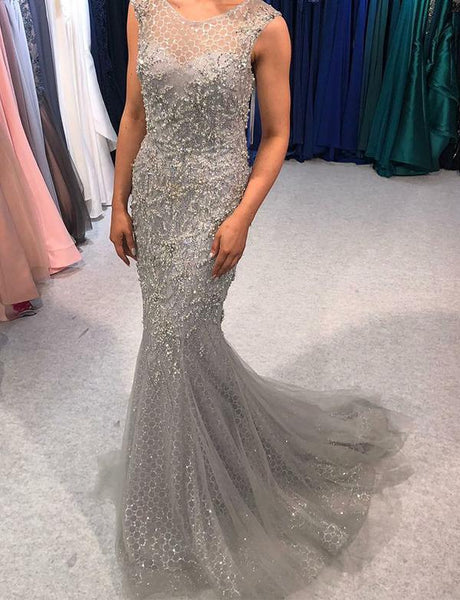 Mermaid Grey Tulle Prom Dresses Elegant Evening Dresses With Beaded