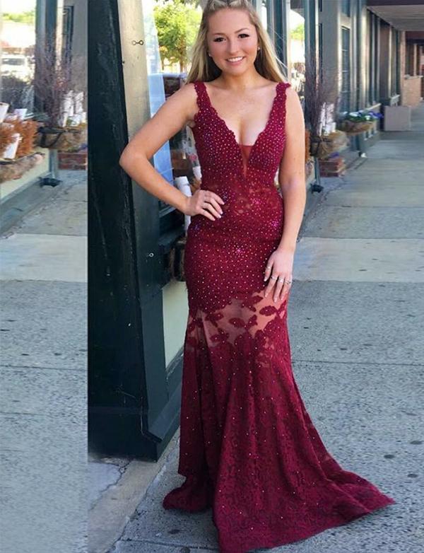Burgundy V Neck Prom Dresses Beaded Mermaid Lace Long See Through Even Hoprom Burgundy V Neck Prom Dresses Beaded Mermaid Lace Long See Through Even Hoprom