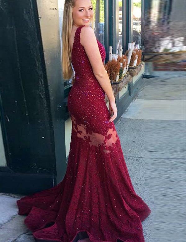 Burgundy V Neck Prom Dresses Beaded Mermaid Lace Long See Through Even –  Hoprom