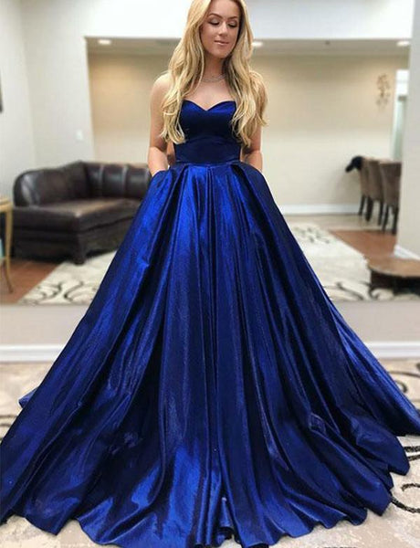 Elegant Stain Strapless Royal Blue Prom Dresses Evening Dresses With Pockets