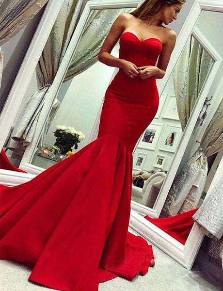 Satin Red Strapless Prom Dresses Mermaid Sheath Evening Dresses