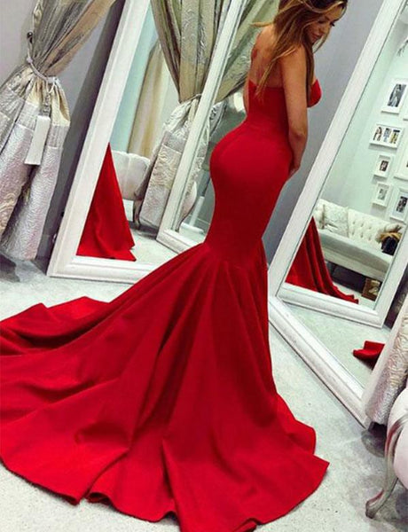 Satin Red Strapless Prom Dresses Mermaid Sheath Evening Dresses