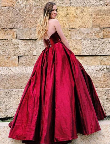 Simple Strapless Stain Burgundy Prom Dresses Open Back Evening Dresses For Women