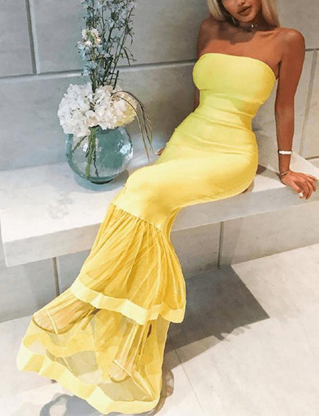 Mermaid Strapless Yellow Long Tight Prom Dresses Online Tulle Evening Dresses
