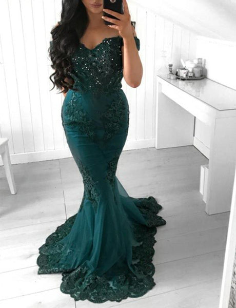 Mermaid Green Off The Shoulder Prom Dresses Appliques Tulle Best Evening Dresses