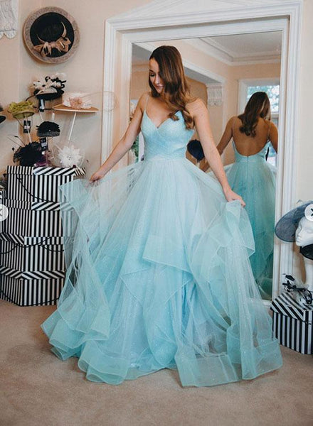 Light Blue V Neck Tulle Prom Dresses Backless Beaded Spaghetti Straps Evening Dresses