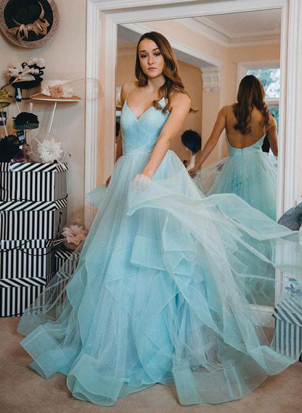 Light Blue V Neck Tulle Prom Dresses Backless Beaded Spaghetti Straps Evening Dresses