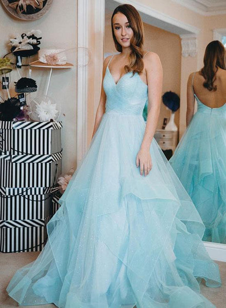 Light Blue V Neck Tulle Prom Dresses Backless Beaded Spaghetti Straps Evening Dresses