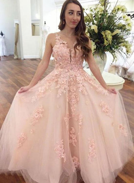 Pink Lace Tulle V Neck 3D Followers Prom Dresses Appliques Spaghetti Straps Evening Dresses