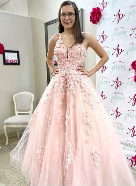 Pink Lace Tulle V Neck 3D Followers Prom Dresses Appliques Spaghetti Straps Evening Dresses