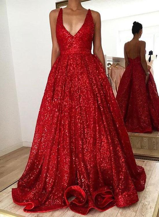 Red V Neck Backless Glitter Prom Dresses Sequins Evening Dresses