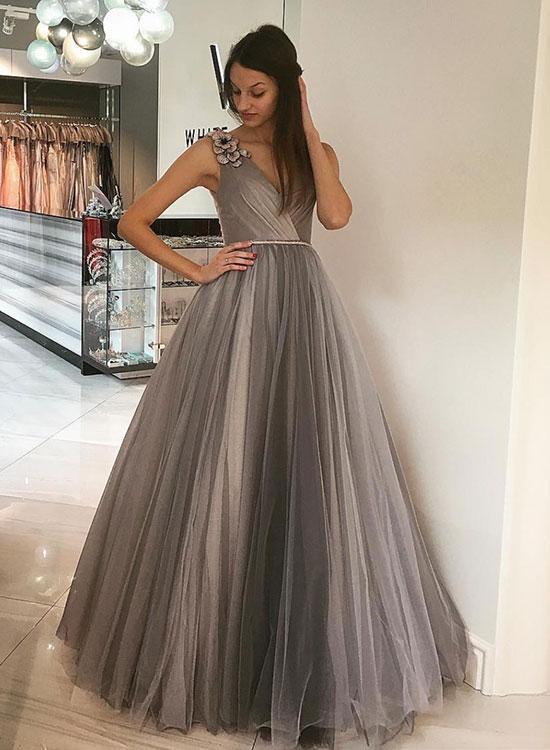 Elegant Grey V Neck Tulle Long Best Prom Dresses Floor Length Evening Hoprom Elegant Grey V Neck Tulle Long Best Prom Dresses Floor Length Evening Hoprom