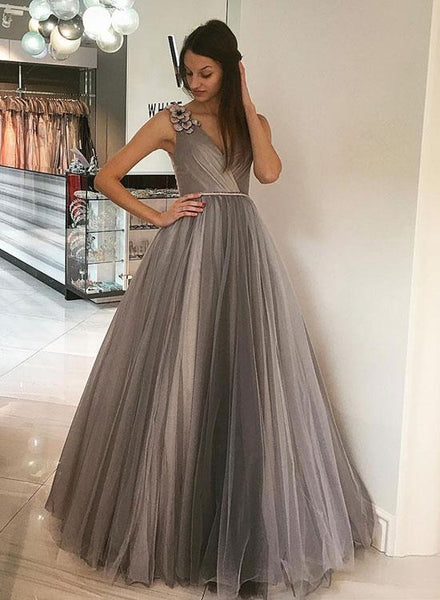 Elegant Grey V Neck Tulle Long Best Prom Dresses Floor Length Evening Dresses Online