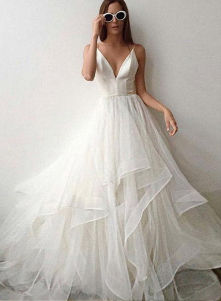 White Tulle V Neck Backless Prom Dresses Spaghetti Straps Simple Evening Dresses For Women