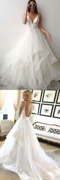 White Tulle V Neck Backless Prom Dresses Spaghetti Straps Simple Evening Dresses For Women