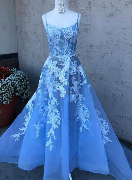 Blue Spaghetti Straps Tulle Lace Long Prom Dresses Affordable  Evening Dresses