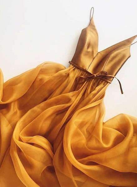 Gold Spaghetti Straps V Neck Long Prom Dresses Simple Tulle Elegant Evening Dresses Online