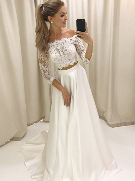 Two Piece Lace Off the Shoulder Satin Prom Dresses Long Sleeves White Evening Dresses