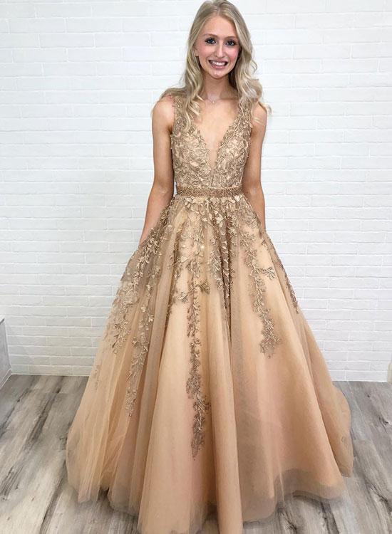 Champagne Deep V Neck Tulle Lace Appliques Prom Dresses Party Evening Dresses