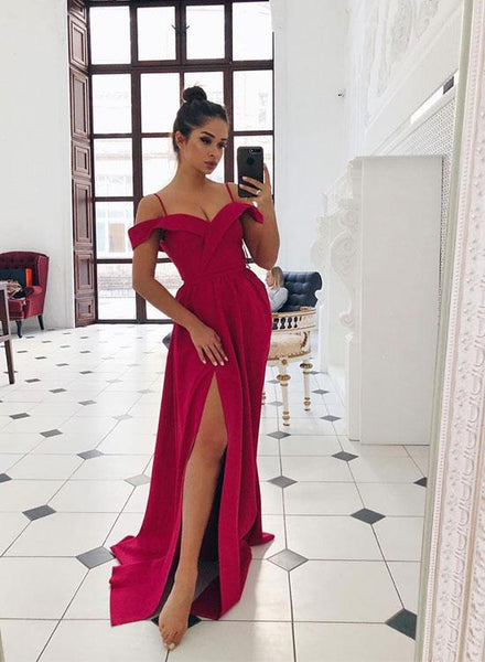 Red Spaghetti Straps Long Prom Dresses With Slit V Neck Evening Dresses Online