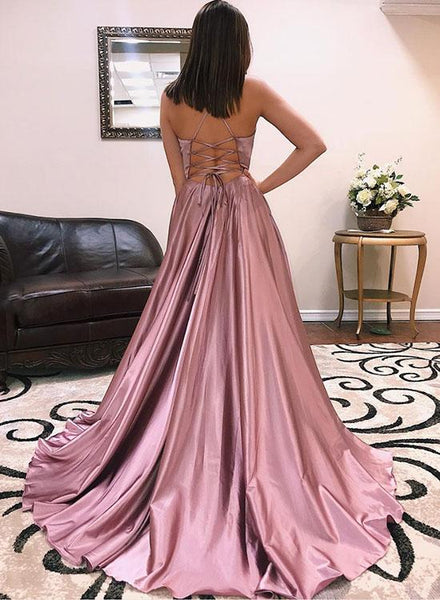 Pink V Neck Satin Long Prom Dresses With Slit Open Back Simple Modest Evening Dresses