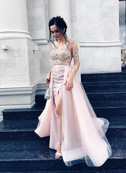 Pink Long Sleeves Tulle Lace Prom Dresses Appliques Elegant Best Evening Dresses
