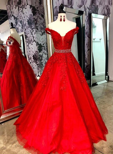 Red V Neck Off The Shoulder Tulle Lace Long Prom Dresses Evening Dresses With Beadings