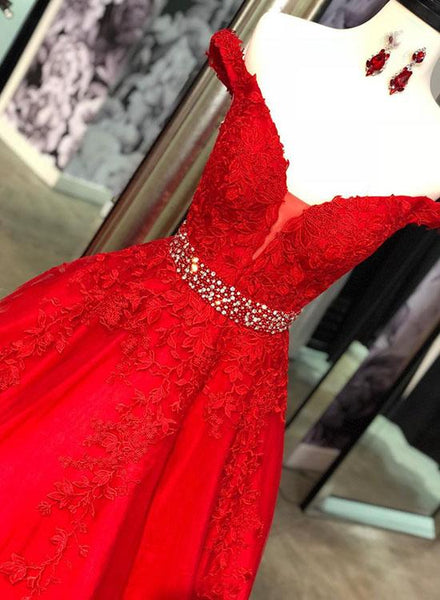 Red V Neck Off The Shoulder Tulle Lace Long Prom Dresses Evening Dresses With Beadings