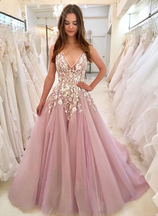 Pink V Neck Tulle Long Prom Dresses Online Appliques Evening Dresses f – Hoprom Pink V Neck Tulle Long Prom Dresses Online Appliques Evening Dresses f – Hoprom