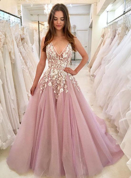 Pink V Neck Tulle Long Prom Dresses Online Appliques Evening Dresses for Wedding