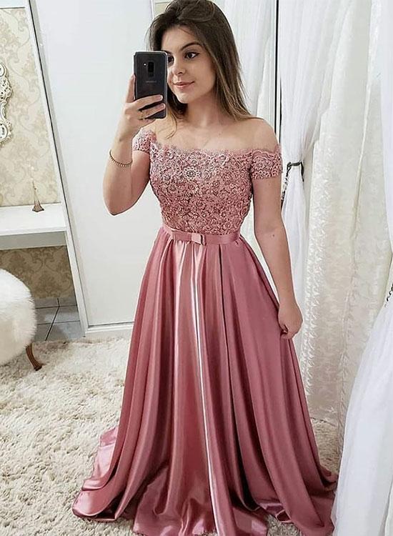Blush Off The Shoulder Lace Beaded Long Prom Dresses Stain Evening Dre ...