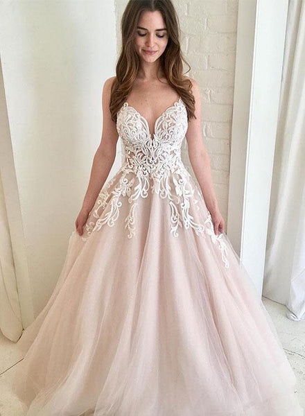 Light Champagne V Neck Long Prom Dresses Tulle Lace Evening Dresses Online