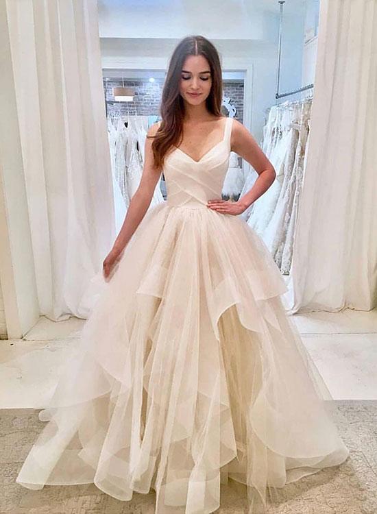 White V Neck Tulle Long Prom Dresses Elegant Best Evening Dresses For Wedding