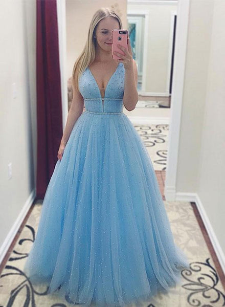 Sky Blue V Neck Long Prom Dresses With Beadings Tulle A Line Evening Dresses