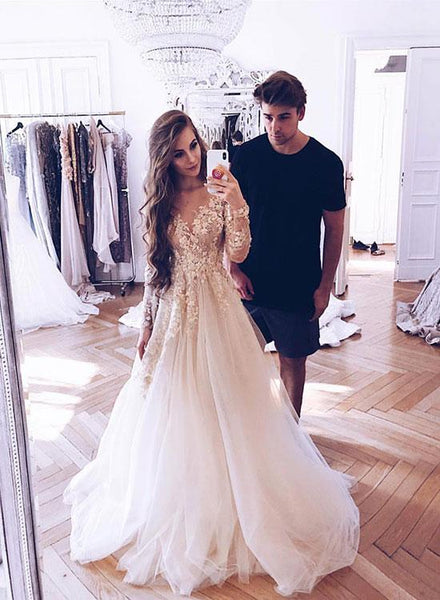 White Long Sleeves V Neck Tulle Long Prom Dresses Lace Appliques Evening Dresses For Wedding