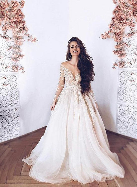 White Long Sleeves V Neck Tulle Long Prom Dresses Lace Appliques Evening Dresses For Wedding