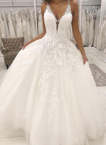 White V Neck Lace Tulle Long Custom Prom Dresses Straps Evening Dresses For Wedding